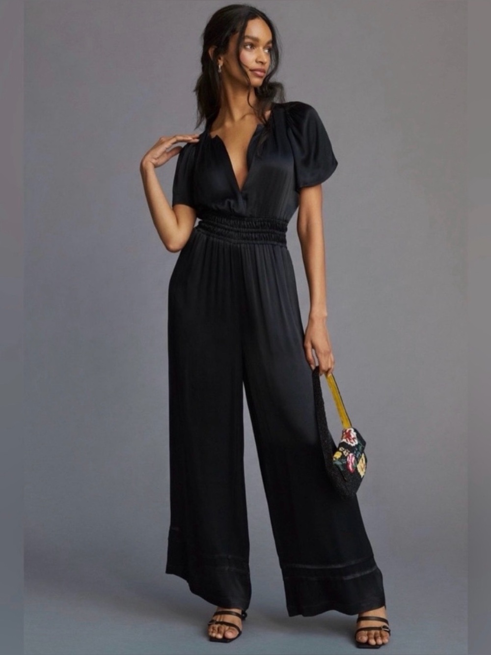 Anthropologie Somerset Black Satin Jumpsuit M